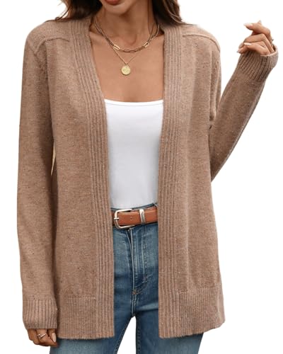 Women's Open Front Knit Cardigan Long Sleeve Soft Lightweight Sweater with Ribbed Hem Casual Fall Winter Coat Jacket