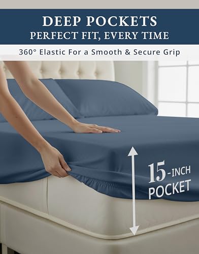 Image of LANE LINEN Full XL Sheets Set 100% Egyptian Cotton Sateen - Estate Blue | Cotton Bed Sheets Full - 4-Piece Set, For A Luxurious Night's Sleep, For Guests And Everyday Use, Luxe Sheen, Plush