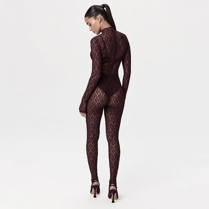 Wuitrie See Through Lace Jumpsuits for Women Mock Neck Long Sleeve Bodycon One Piece Jumpsuit Club Outfits Sexy Clubwear - Image 3
