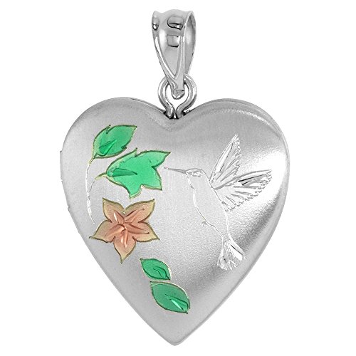 3/4 inch Sterling Silver Hummingbird Locket Necklace for Women Heart Shape 18 inch RL_30H
