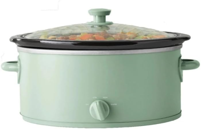 Mainsttays 6~Quart Oval Slow Cooker, Sage Green Finish, Glass Lid, Removable Stoneware Crock, Three Temperature Settings, Cool-Touch Lid Handle, Dishwasher Safe Parts.