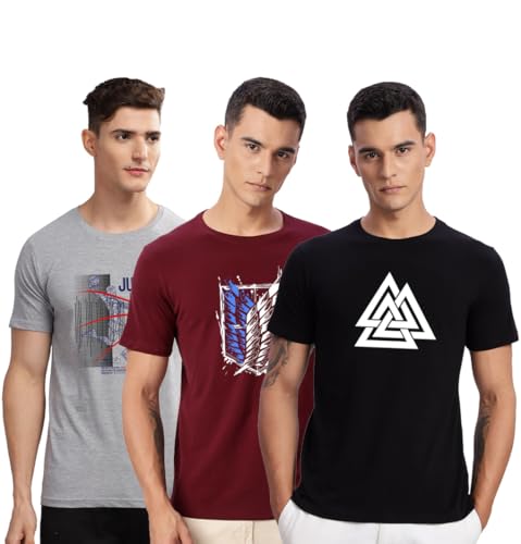 Image of ADRO 100% Cotton Lycra Tshirts for Men Combo Pack of 3 | Regular Fit | Printed T Shirt | Round Neck Half Sleeve| Mens Tshirts