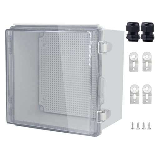 IP67 Waterproof Junction Box, ABS Plastic Electrical Enclosure with Stainless Steel Latch, Hinged Cover Electric Box with Mounting Plate, Wall Brackets &amp; Cable Glands 210x210x130