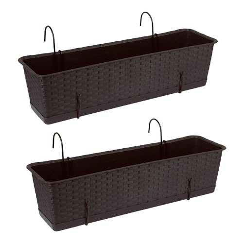 Tymar Fioriera da balcone con supporto, vaso da balcone, 2 pezzi, in rattan, fioriera in plastica ((2pack) Marrone, 60cm)