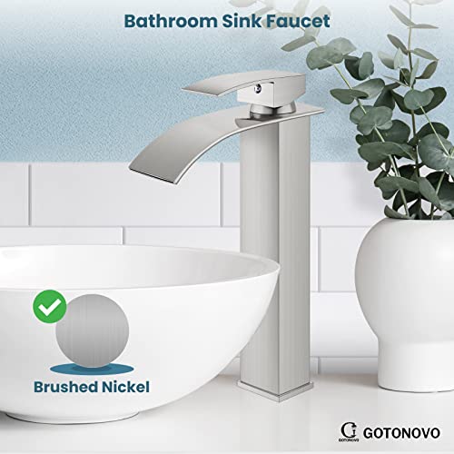 Brushed Nickel Vessel Sink Faucet Deck Mount Bathroom Stainless Steel 304 Bowl Basin One Hole One Handle Waterfall Spout Mixer Tap With Pop Up Drain #TOP2