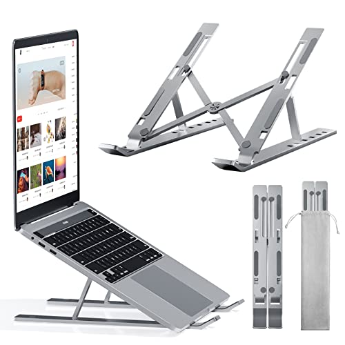 Rrtizan Foldable Laptop Stand for Desk, Ergonomic Computer Stand Adjustable Height Portable Aluminum Notebook Riser Holder, Compatible with MacBook Pro, Air, 9-15.6â Laptops and Tablets (Silver)