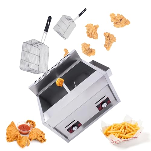 Freidora A Gas, Freidora A Gas Comercial Profesional De Acero Inoxidable con Cesta Y Tapa, Freidora De Doble Tanque De 2x10l para Máquina De Mostrador De Restaurante Comercial