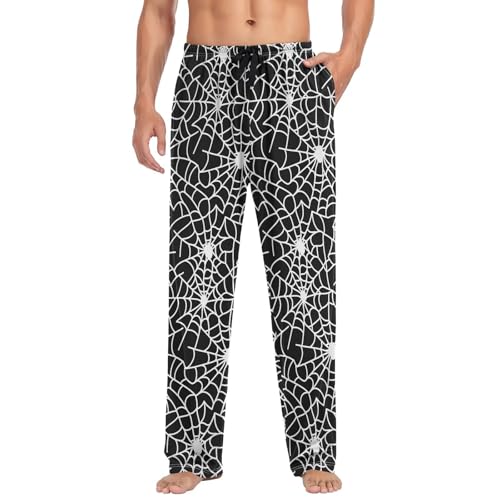 Men’s Halloween Spider Web Pajama Pants with Pockets, Comfortable Lounge Sleep Bottoms#4333