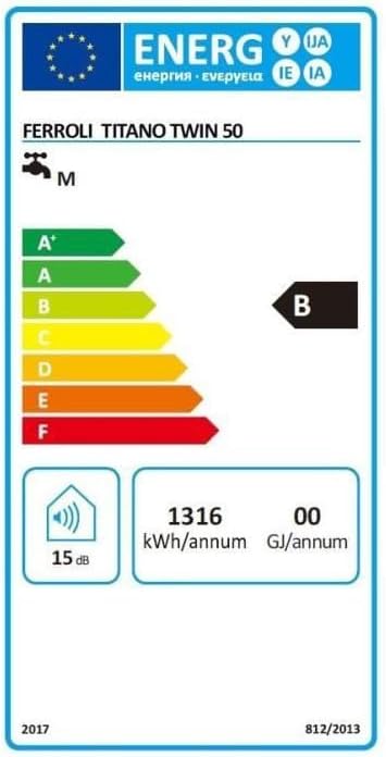 Energy efficiency label for Ferroli TITANO TWIN 50 electric water heater.