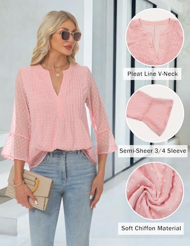 AIMCOO Blouses for Women Dressy Casual V Neck Tunic Flowy 3/4 Bell Sleeve Tops for Women Summer Chiffon Double Layer Top Loose Fitt Office Shirt Pink Medium - image 7