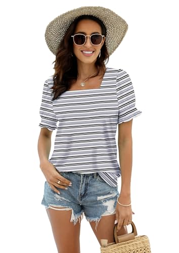 Image of WIHOLL Tops for Women Summer Casual Ruffle Trim Sleeve Square Neck T Shirts
