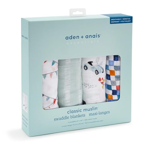 Image of aden + anais Essentials Cotton Muslin Swaddles, Breathable Baby Blanket, Ideal for Boys, Girls, Newborns, Babies & Infants, Receiving Blanket, Soft and Lightweight Wrap, 4 Pack, Vintage Car Rally