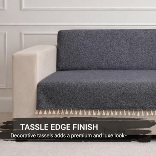 Image of STITCHNEST Jute Sofa Cover - Black, 70x60 Inch | Soft Textured Fabric with Tassel| Full Coverage Sofa for Living Room Decor