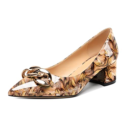 Mettesally Women's Block Heel Pumps Pointed Toe Mid Heels Heeled Pumps Low Heels with Metal Chain Dressy Wedding Party Shoes