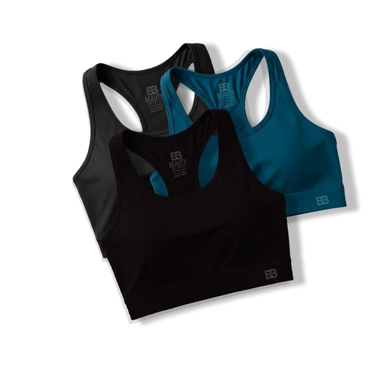 Image of BOLD & BEAUTY Women Cotton Blend Sports Bra with U-Neck, Racerback Style and Regular Straps for Workout, Yoga & Training (Pack of 3)