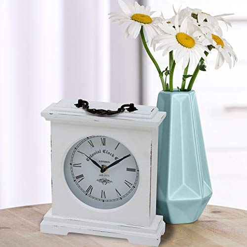 Iconic Colonial Mantel Clock, Roman Numerals, Quartz Movement, Vintage Style, Glass, White, Distressed Finish, Wood, Metal, 8 1/4 L X 2 1/2 W X 9 1/2 H Inches, 1Aa Battery (Not Included) #TOP3
