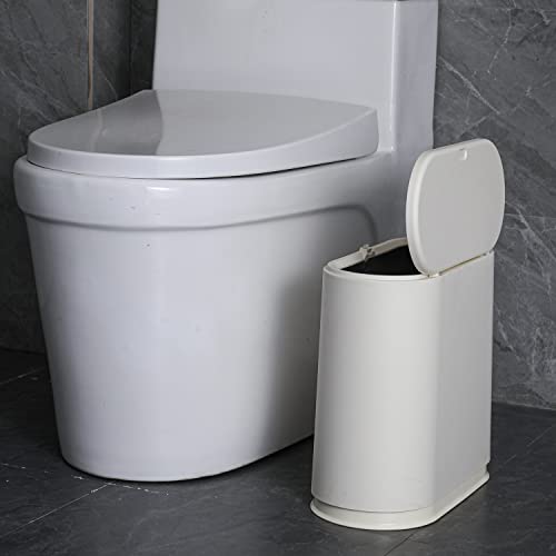 Sooyee Bathroom Trash Can With Lid, 2.4 Gallon Slim Smart Trash Can, Small Plastic Trash Bin, 10 L Narrow Plastic Trash Can Waste Basket For Bedroom, Bathroom, Kitchen, Office, Cream White #TOP1