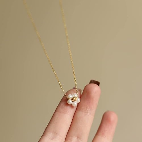 Miniatura 2 de Cosfog Daisy Flower Choker Necklace, 18K Gold Plated Handmade Beaded Tiny Pearl Choker Necklace Chain, Small Cute Pearl Pendant Necklace for Women