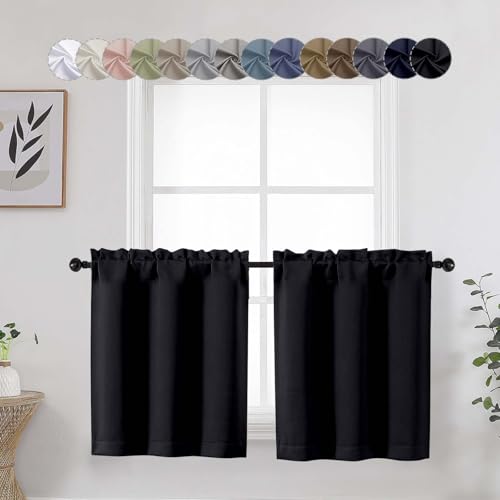 WelvetBLK Black Blackout Curtains 24 Inch Long 2 Panels Tier for Bathroom