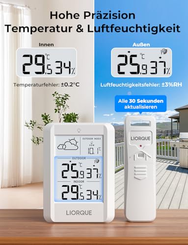 LIORQUE Wetterstation Funk mit Außensensor, Digital Thermometer Hygrometer Innen und Außen Funkwetterstation mit Wettervorhersage, Funkthermometer mit Batteriebetrieben Wetterstation, weiß