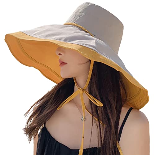 Image of HUAMULAN Women Sun Hat Summer Bucket Beach Boonie Cotton Cap Wide Brim UPF 50