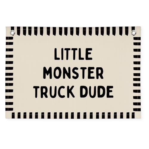 Image of XYDEG Monster Truck Room Decor, Little Monster Truck Dude Canvas Banner Flag Wall Decor, Boy Nursery Wall Hanging Flag Decorations for Kids Boy Nursery Toddler Room Bedroom Playroom, 30x20 Inch