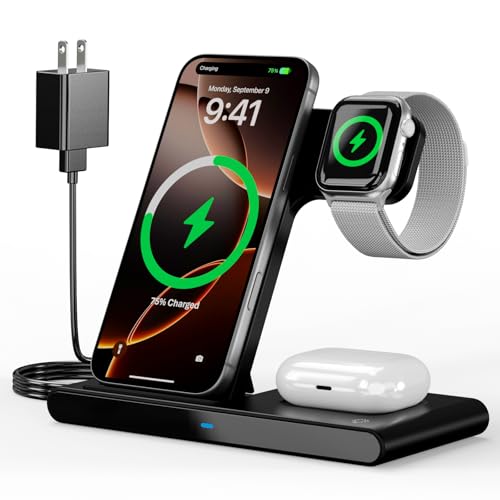 Support sans fil 3 en 1 compatible avec iPhone 16 15 14 Pro Max, Apple Watch, AirPods