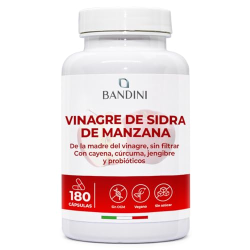 Bandini® Complejo de Vinagre de Sidra de Manzana 1860mg Alta Concentración, 180 Cápsulas Veganas de Apple cider vinegar con Madre, Sin Filtrar, con Probióticos, Cúrcuma, Pimienta, Jengibre