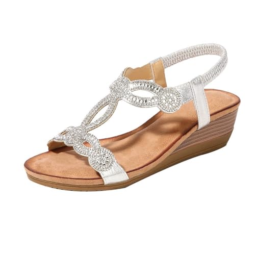 Sandales de plage élégantes avec perles en strass et talons compensés