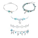 AHEJIOO 5 Piezas Tobillera Pulsera Mujer Pulsera Tobillera Mujer Para Verano Playa, Set Bohemio Ajustable Con Estrella De Mar, Conchas, Hojas Y Cuentas Azules Para Vacaciones, Fiesta Y Diario