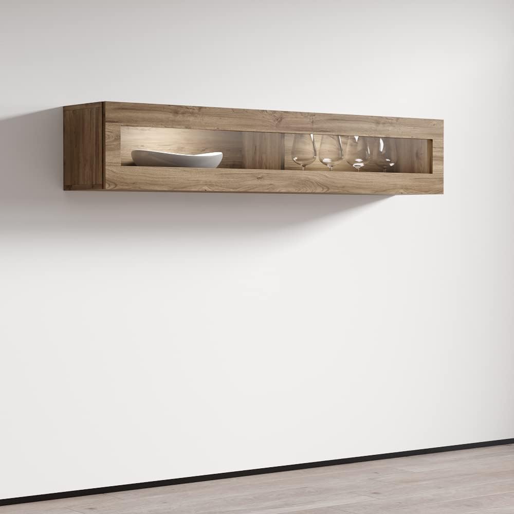 Meble Furniture Floating Media Cabinet Type-51 — Wall-Mounted Storage with LED Lighting — High Gloss Finish, 47.2 x 11.8 x 11.8 inches — Oak