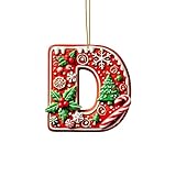 Lot de 26 lettres rouges pour décoration de sapin de Noël - Lettres en sucre d'orge avec motif de baies - Mini alphabet à suspendre - Décoration de fête - 2D - Acrylique (D, 8 cm)
