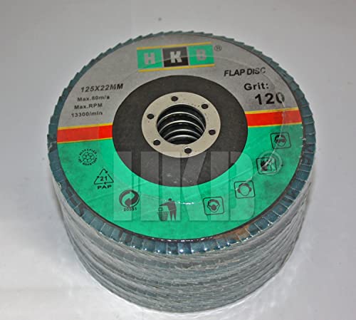 HKB ® 10 Stück Fächerschleifscheibe Korn 120, Schruppscheibe, Schleifmop, 125x22mm, blau, Zirkon,für Edelstahl, Metall, INOX, für Flex und Winkelschleifer, Hersteller HKB, Art-Nr. 50099