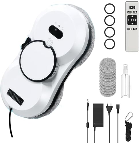QIAKEFE Robot Nettoyeur Vitre,5600PA Robot Laveur de Vitre Automatique avec Double Jet d'eau,Navigation Intelligente,Système de Sécurité,3 Modes de Nettoyage,10 Chiffons et Télécommande (A)