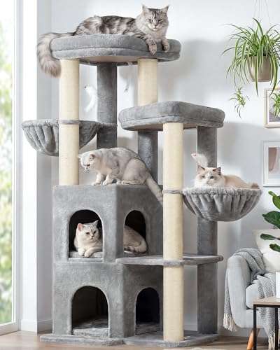 Image of Globlazer Cat Tree Tower for Indoor Cats, Sturdy Adult Cat Tree House for Large Adult Cats with 2 Platform, 6 Cat Scratching Post, 2 Cat Caves, Dangling Toys, S63, 63 inch, Light Grey