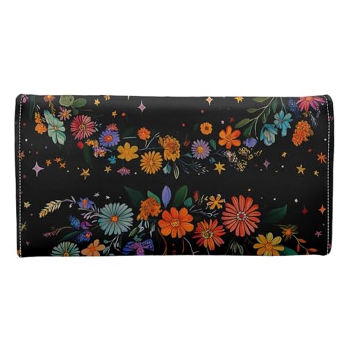 Night Butterfly Flowers Women Slim Wallet Black Long Trifold Clutch Checkbook Wallets, Painting Butterfly Stars Print PU Leathers Wallet Purse Credit Card Holder3