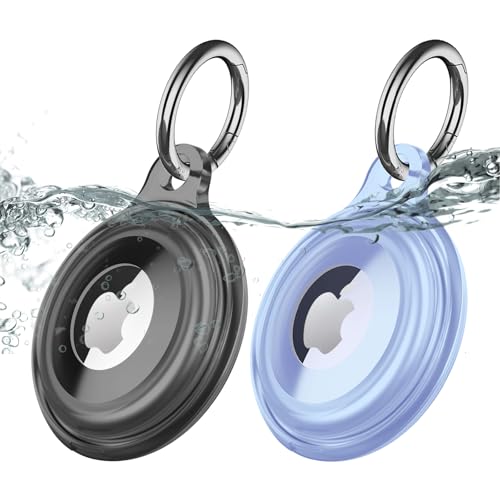 2 Pack IPX8 Waterproof AirTag Keychain Holder Case, Lightweight, Anti-Scratch, Easy Installation,Soft Full-Body Shockproof Air Tag Holder for Luggage,Keys, Dog Collar (Black+Blue)