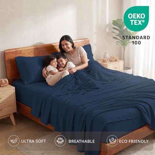 Image of LANE LINEN 100% Organic Cotton Bedsheet for Double Bed Queen - Estate Blue | GOTS Certified, Percale Weave, 90x100 inches, Soft & Breathable, Machine Washable, Includes 2 Pillow Covers