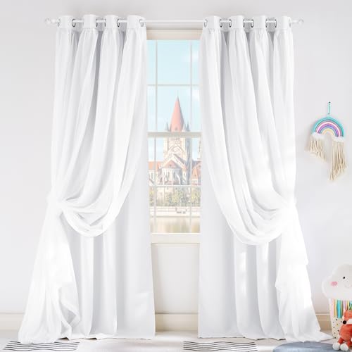 Image of PONY DANCE White Curtains, 52 W by 84 L, Pure White, 2 Pieces | Double Layer Curtains 84 inches Long with Sheer Overlay Nursery Panels for Bedroom /Living /Dining Room