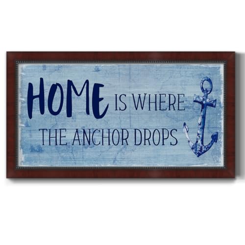 Renditions Gallery Harbor Sign Canvas Pantings Home is Where The Anchor Drops Framed Wall Art for Lounge Drawing Room Balcony - 25"X45" Mahogany Ebony Frame GAL018