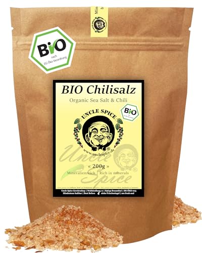 UNCLE SPICE® BIO Chilisalz - 200g Bio Meersalz aus Spanien versetzt mit Bio Vogelaugenchilis, im...