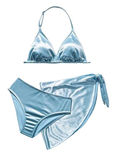 Image of SOLY HUX Girl's Summer Swimsuit Set Floral Halter Triangle Bikini Set with Wrap Skirts Beachwear