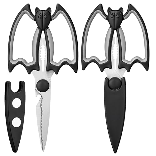 OMDAR Bat Kitchen Scissors All Purpose 2 Pack - Halloween Goth Cute Kitchen Shears - Heavy Duty Stainless Steel Cooking Shears for Cutting Meat Food Poultry - with Magnetic Blade Guards