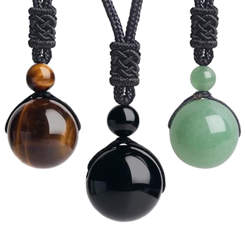 iSTONE Unisex Genuine Round Beads Gemstone Pendant Necklace Black Rope Chain 24 inch for Men Women (B-Beads style 1)