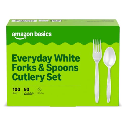 Amazon Basics Disposable Everyday White Forks & Spoons 100 Count