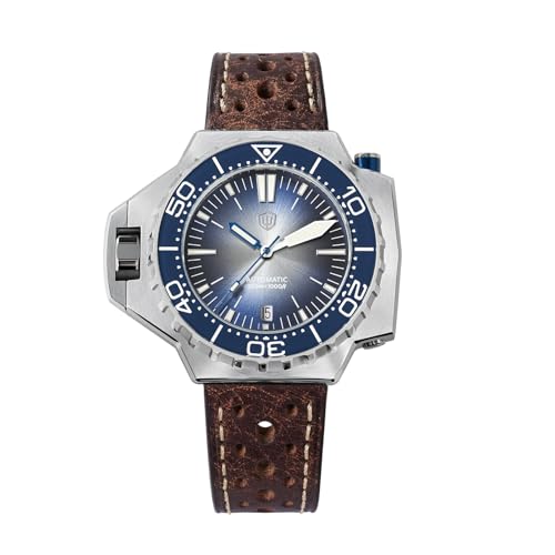 watchdives WD1968 PT5000 Automatic Dive Watch for Men Blue Dial Date Window Sapphire Crystal Watch 300M Water Resistant Full Lume Ceramic Bezel BGW9 Luminous Leather Strap Watch