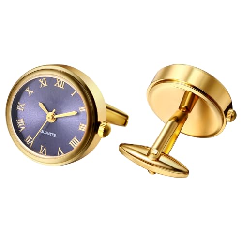 OIDEA Watch Cufflinks for Men: Fashion Round Analog Quartz Real Working Watch Cufflinks Pair Business Dress Roman Numerals Watch Cuff Links Gift for Him, Gold Case Blue Dial