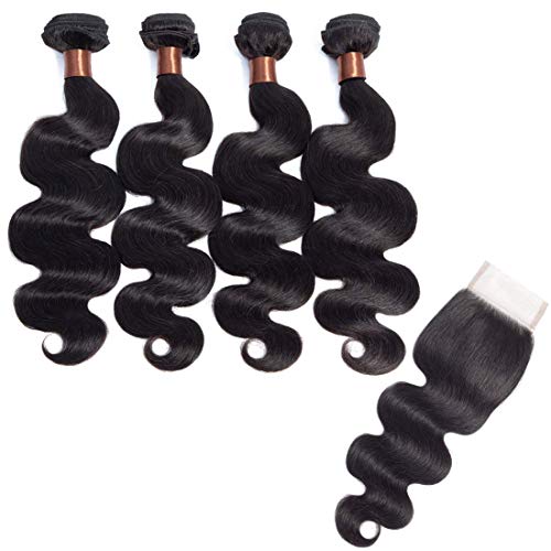 ANGIE QUEEN Brazilian Body Wave Hair With Closure Natural Black 100% Unprocessed Virgin Hair With Closure 4 Bundles Human Hair Weave With Lace Closure Free Part 16 18 20 22+14