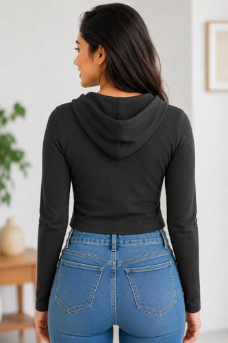 Image of Rabboni Women's Ribbed Crop Hoodie Sweatshirt with Front Zip Closure | Full Sleeve Stretch Knit Crop Top | Slim Fit Casual Hoodie for Gym, Yoga, Travel & Everyday Wear.
