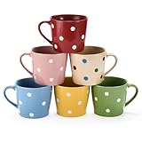 Bruntmor Polka Dot Coffee Mugs Set of 6 - Made of Semi-Thick Stoneware Ceramic Porcelain Dinnerware - Bright Polka Dot Colors Polish Mug Set